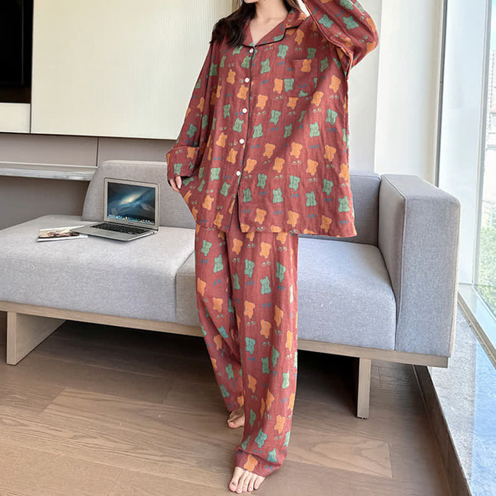 Ownkoti Plus Size Bear Cotton Lapel Loungewear Set