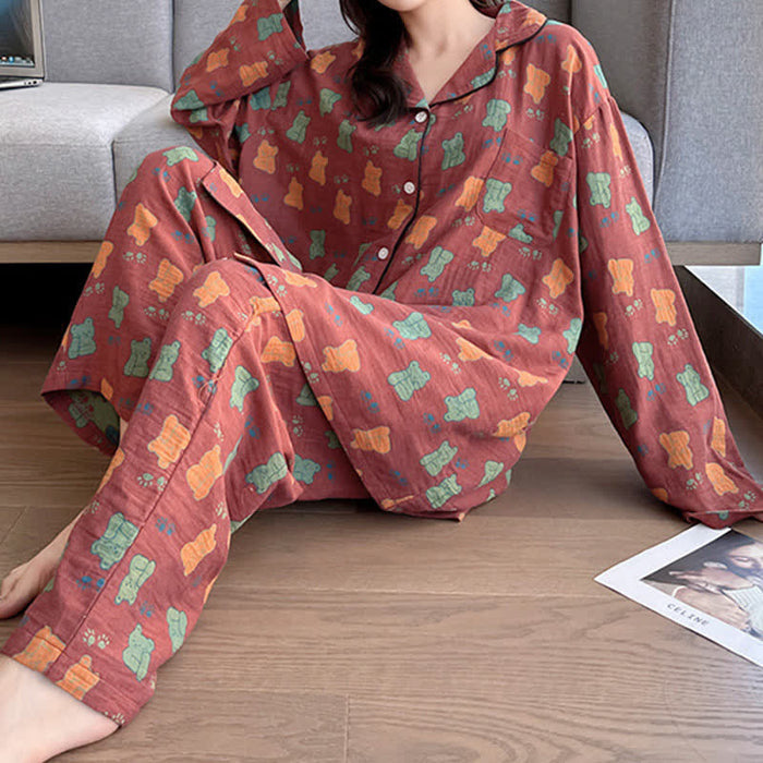 Ownkoti Plus Size Bear Cotton Lapel Loungewear Set