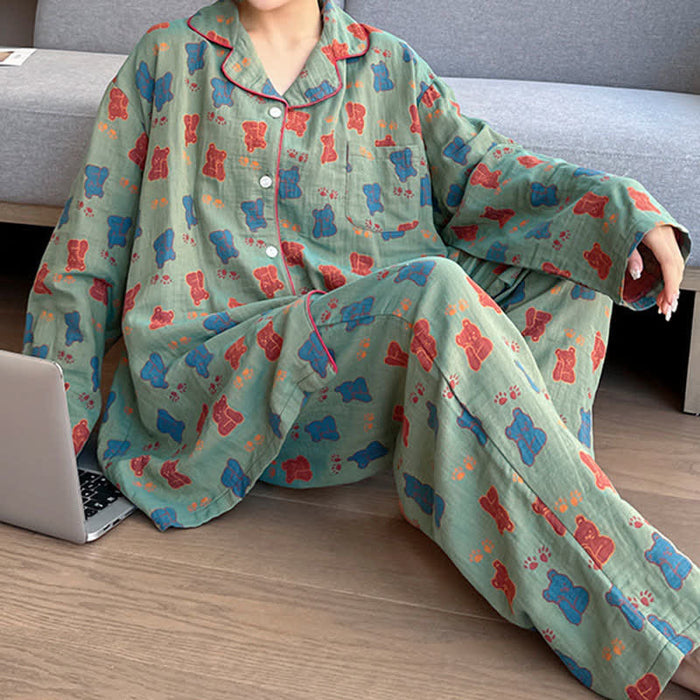 Ownkoti Plus Size Bear Cotton Lapel Loungewear Set