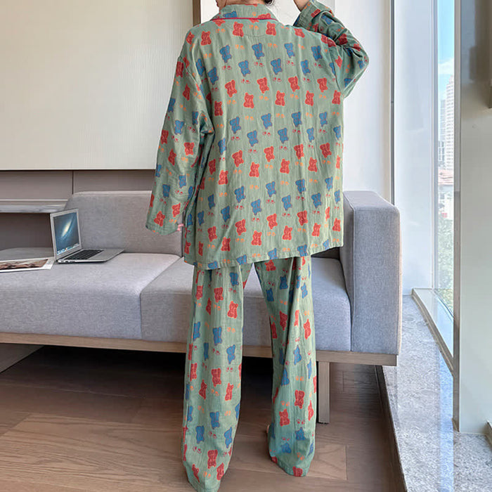 Ownkoti Plus Size Bear Cotton Lapel Loungewear Set