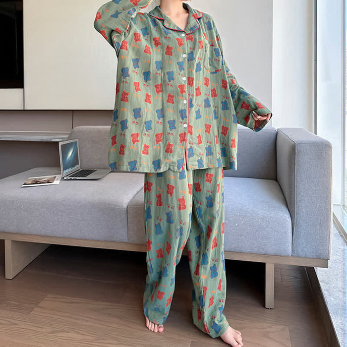 Ownkoti Plus Size Bear Cotton Lapel Loungewear Set