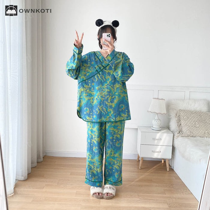 Ownkoti Plus-size Bright Cotton Gauze Pajama Set