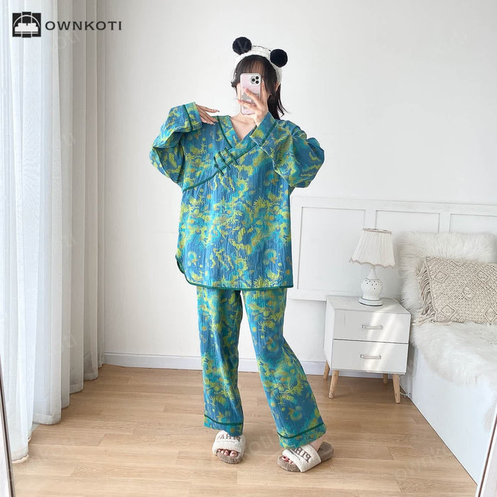 Ownkoti Plus-size Bright Cotton Gauze Pajama Set
