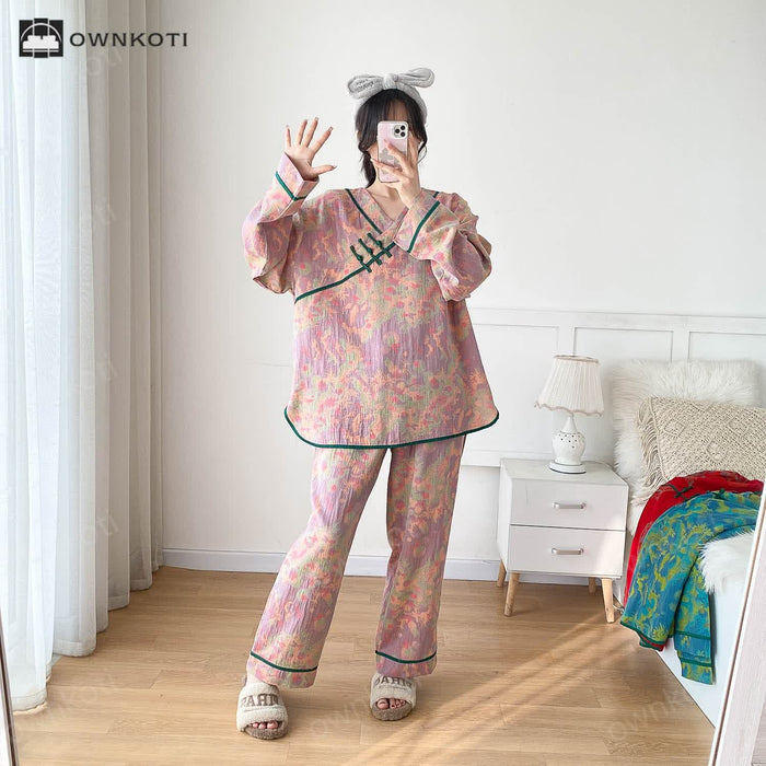 Ownkoti Plus-size Bright Cotton Gauze Pajama Set