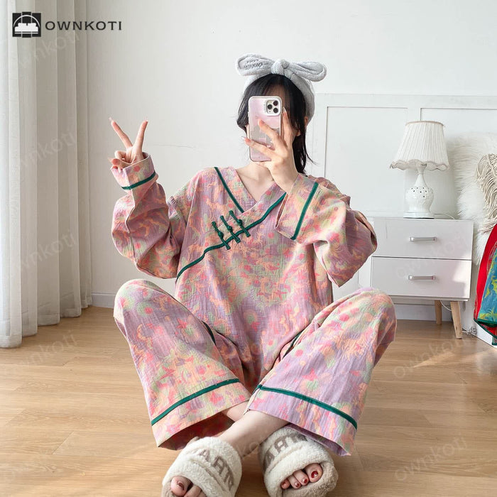 Ownkoti Plus-size Bright Cotton Gauze Pajama Set