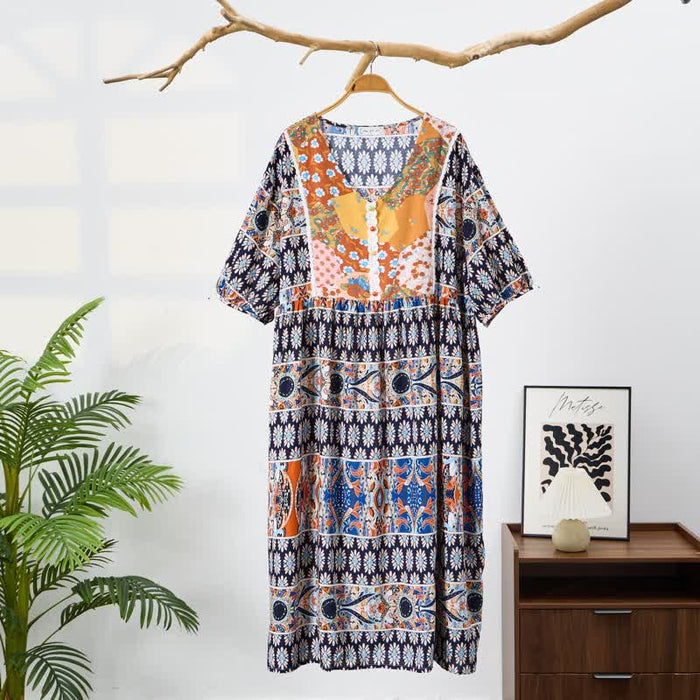 Ownkoti Plus Size Long Sleeve Ethnic Style Nightdress - Blue - 4XL - image 0