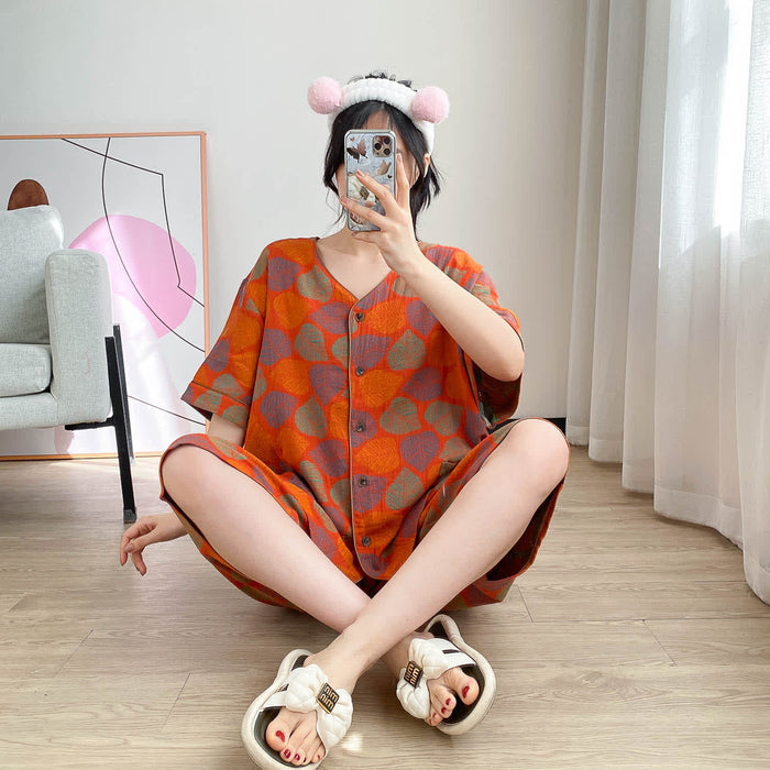 Ownkoti Plus Size Vintage Jacquard Short Sleeve Loungewear Set