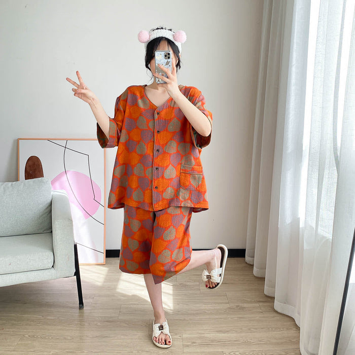 Ownkoti Plus Size Vintage Jacquard Short Sleeve Loungewear Set