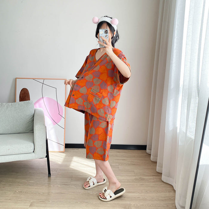 Ownkoti Plus Size Vintage Jacquard Short Sleeve Loungewear Set