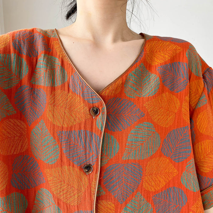 Ownkoti Plus Size Vintage Jacquard Short Sleeve Loungewear Set