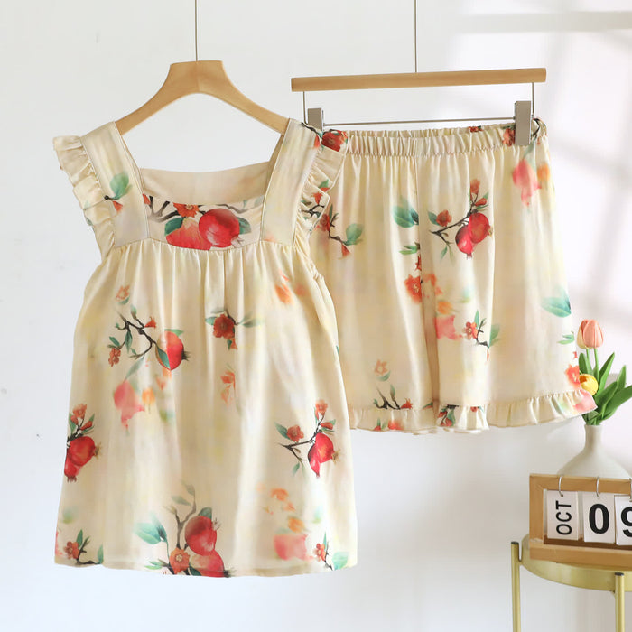 Ownkoti Pomegranate Floral Ruffle Padded Camisole Loungewear Set
