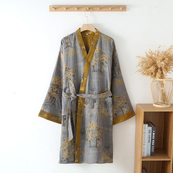Ownkoti Pure Cotton Breathable Retro Kimono Bathrobe - Gray & Mustard Green - XL - image 2