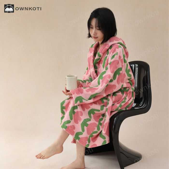 Ownkoti Pure Cotton Rural Tulip Hooded Bathrobe