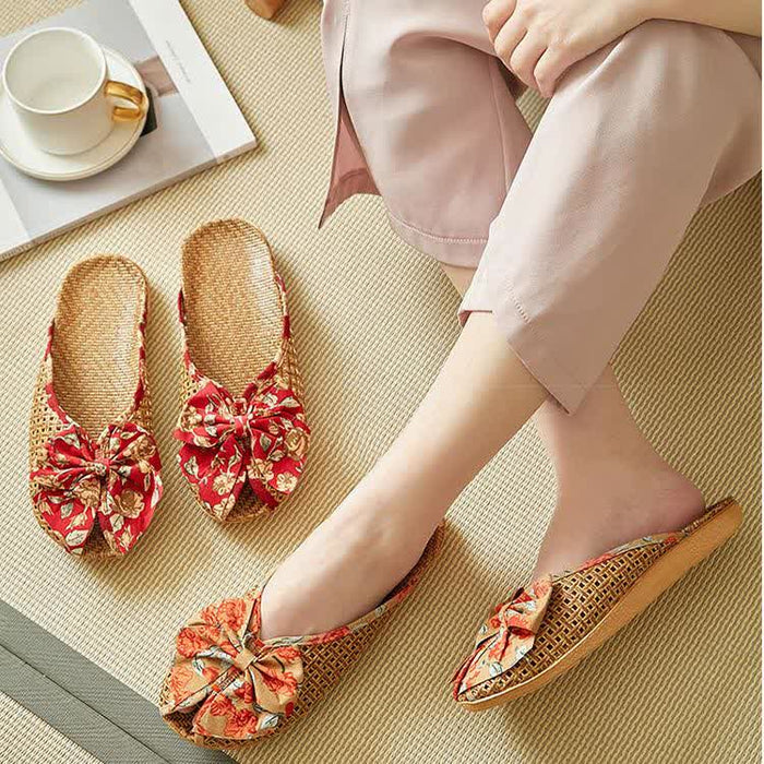 Ownkoti Rattan Woven Linen Bow-knot House Slippers