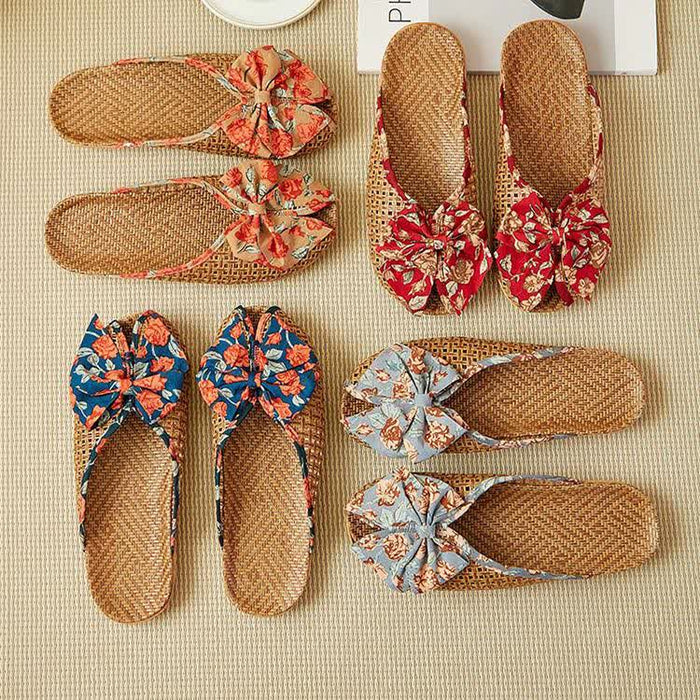 Ownkoti Rattan Woven Linen Bow-knot House Slippers