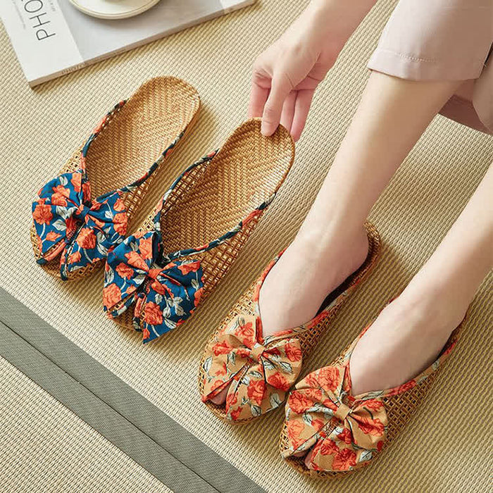 Ownkoti Rattan Woven Linen Bow-knot House Slippers