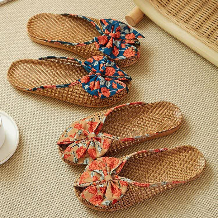 Ownkoti Rattan Woven Linen Bow-knot House Slippers