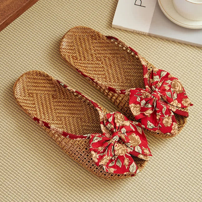 Ownkoti Rattan Woven Linen Bow-knot House Slippers