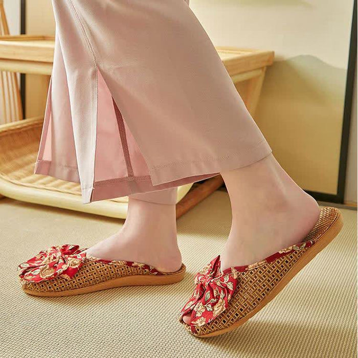Ownkoti Rattan Woven Linen Bow-knot House Slippers