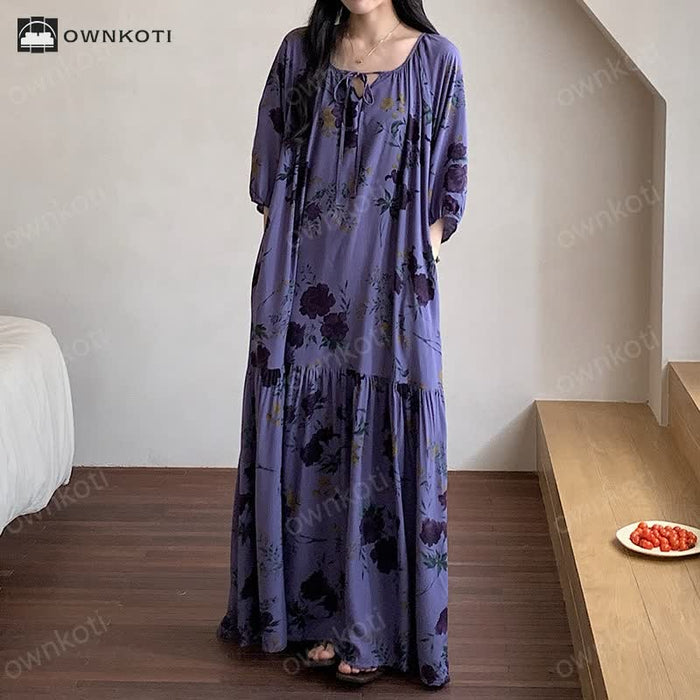 Ownkoti Retro Floral Breathable Soft Long Nightdress