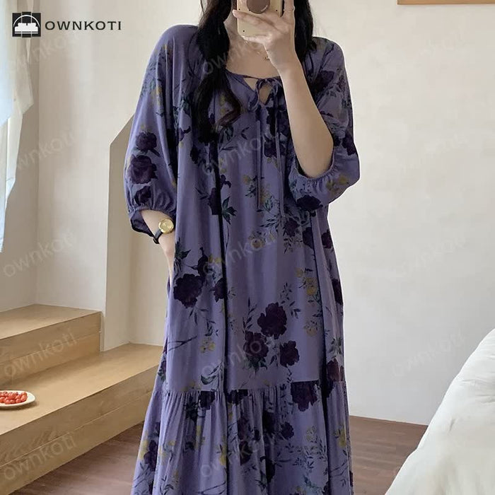 Ownkoti Retro Floral Breathable Soft Long Nightdress