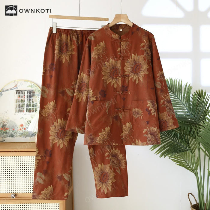 Ownkoti Retro Sunflower Stand Collar Couple Pajama Set