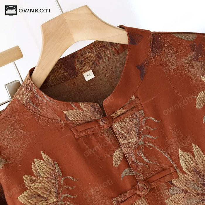 Ownkoti Retro Sunflower Stand Collar Couple Pajama Set