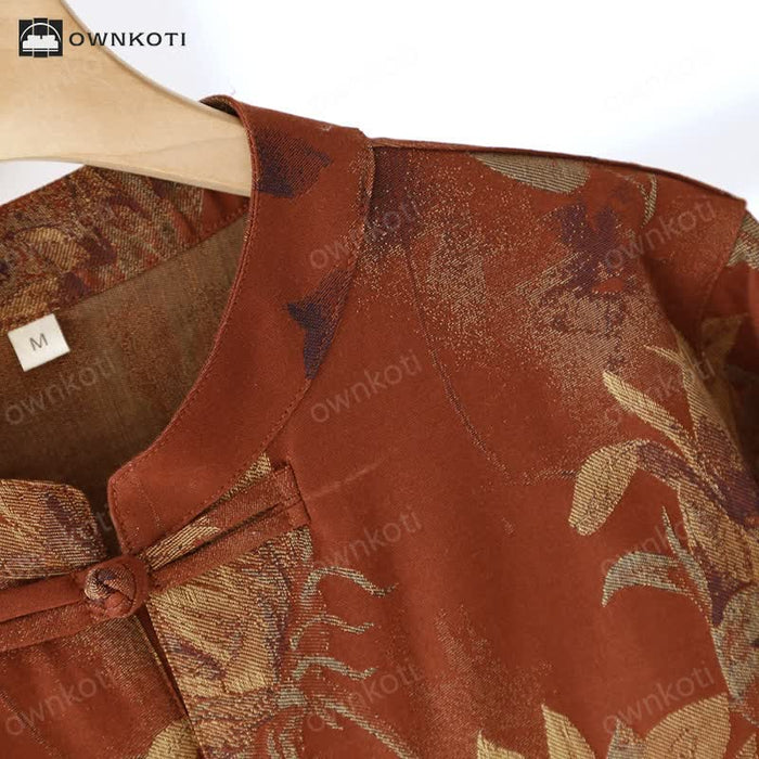 Ownkoti Retro Sunflower Stand Collar Couple Pajama Set