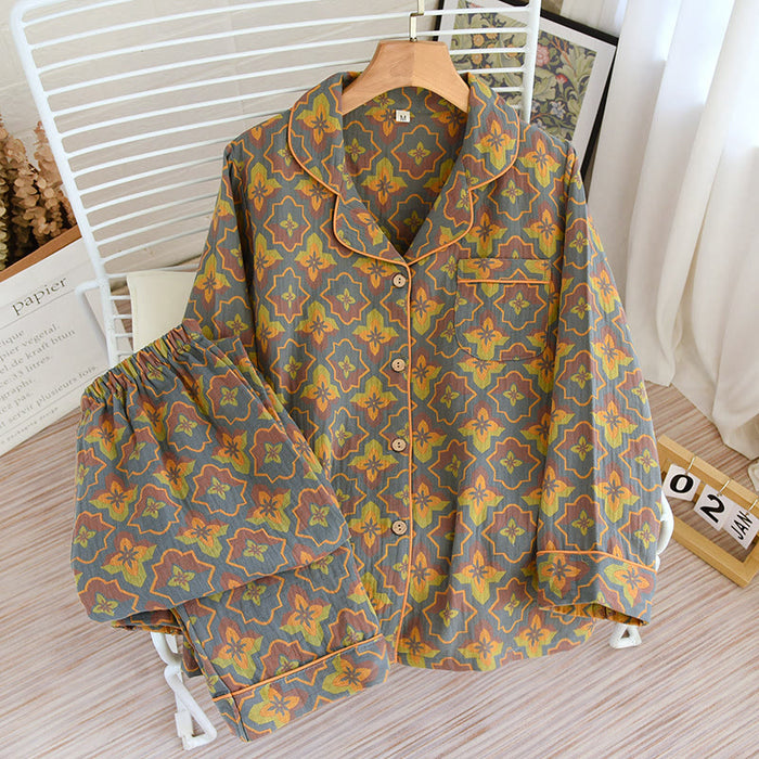 Ownkoti Rhombus Flower Lapel Cotton Loungewear Set