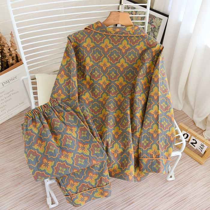 Ownkoti Rhombus Flower Lapel Cotton Loungewear Set
