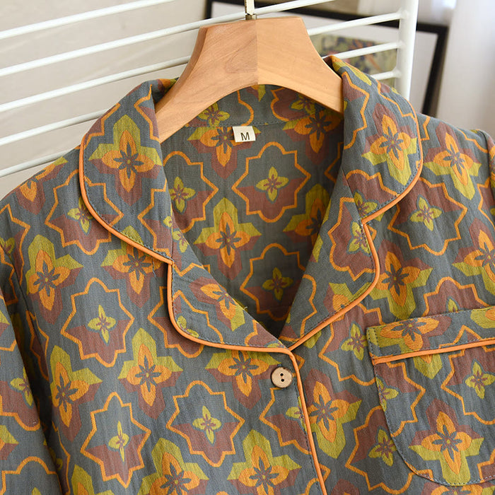 Ownkoti Rhombus Flower Lapel Cotton Loungewear Set