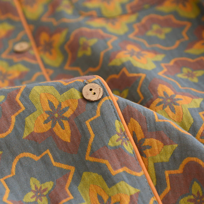 Ownkoti Rhombus Flower Lapel Cotton Loungewear Set