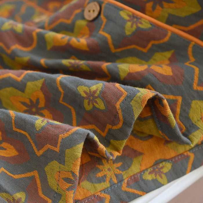 Ownkoti Rhombus Flower Lapel Cotton Loungewear Set