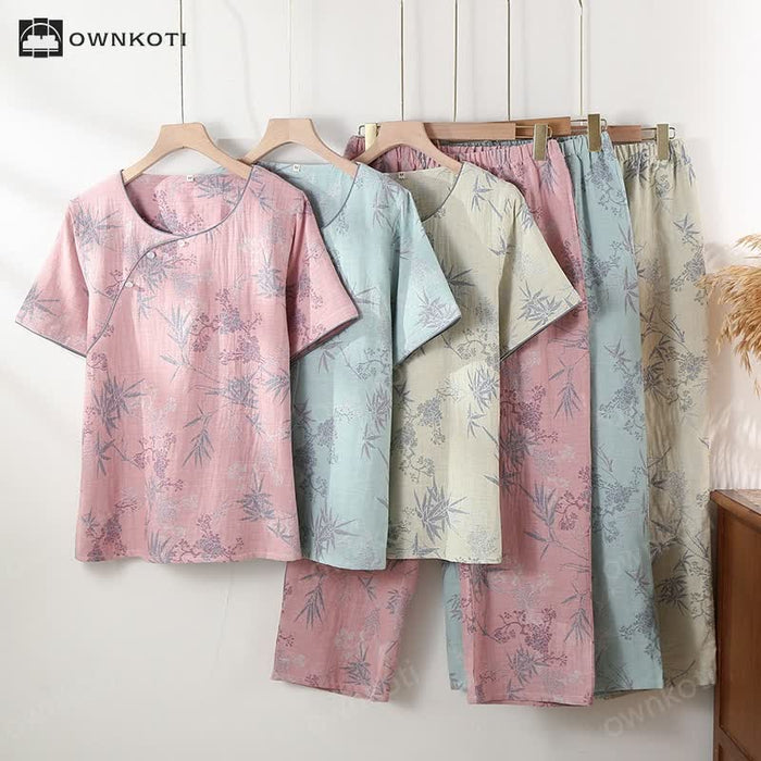 Ownkoti Round Neckline Bamboo Cotton Gauze Pajama Set
