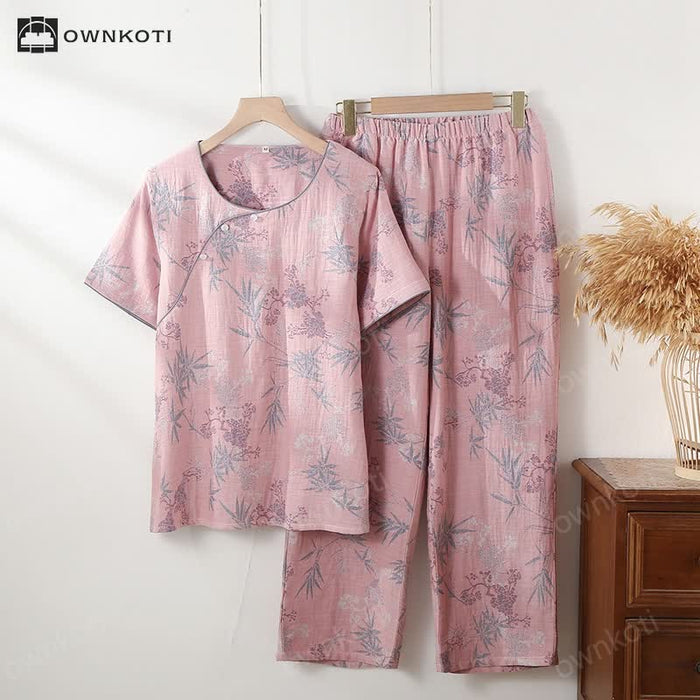 Ownkoti Round Neckline Bamboo Cotton Gauze Pajama Set