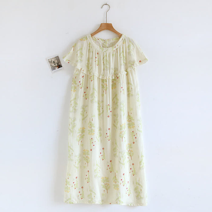 Ownkoti Ruffle Neck Green Floral Cotton Nightgown