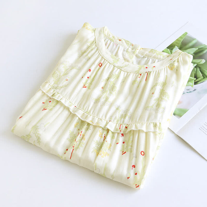 Ownkoti Ruffle Neck Green Floral Cotton Nightgown