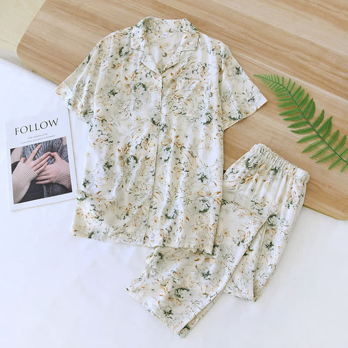 Ownkoti Rural Style Satin Lapel Nightwear Set