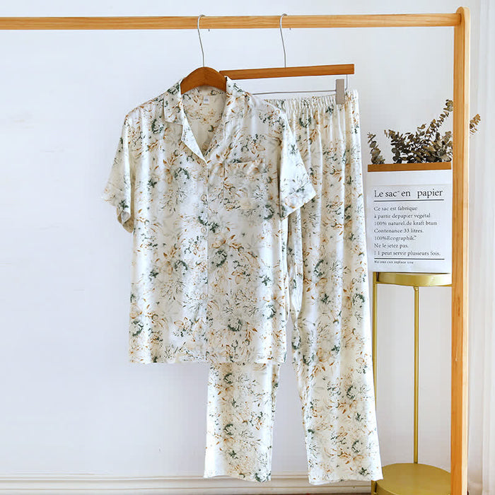 Ownkoti Rural Style Satin Lapel Nightwear Set