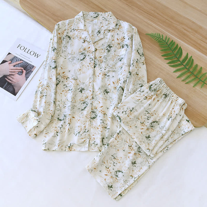 Ownkoti Rural Style Satin Lapel Nightwear Set