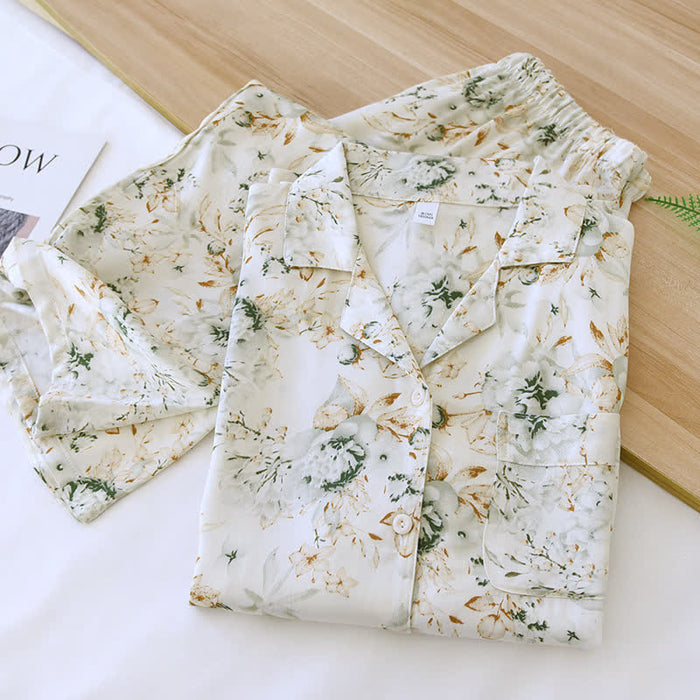 Ownkoti Rural Style Satin Lapel Nightwear Set