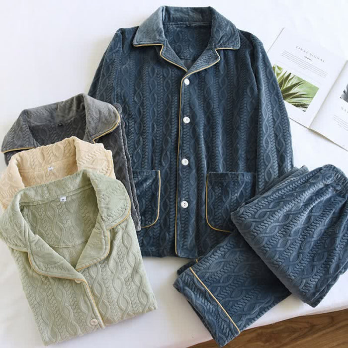 Ownkoti Solid Color Lapel Flannel Pajama Set