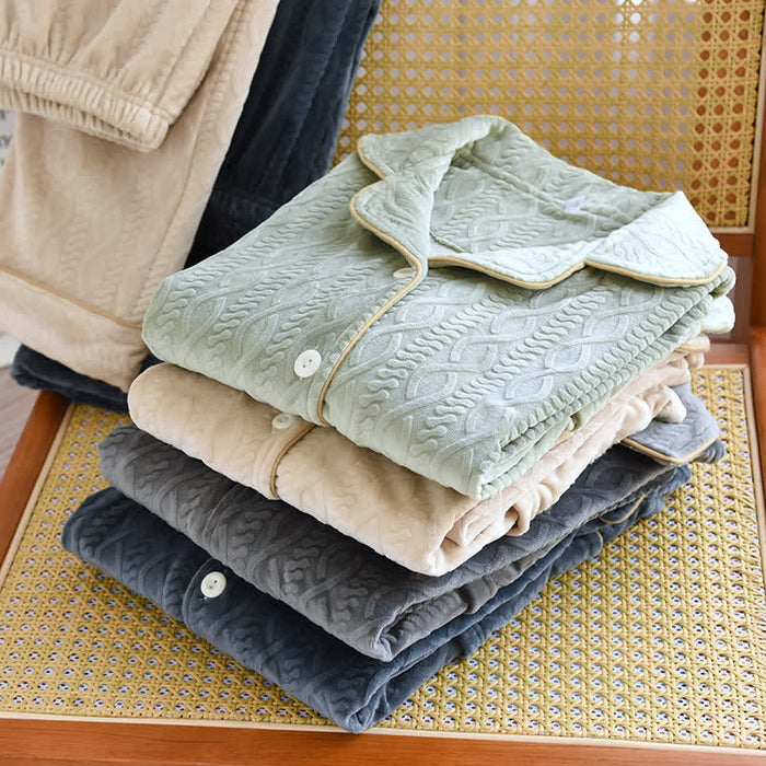 Ownkoti Solid Color Lapel Flannel Pajama Set