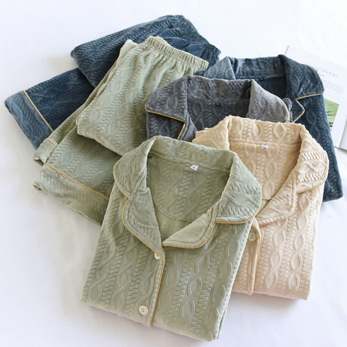 Ownkoti Solid Color Lapel Flannel Pajama Set