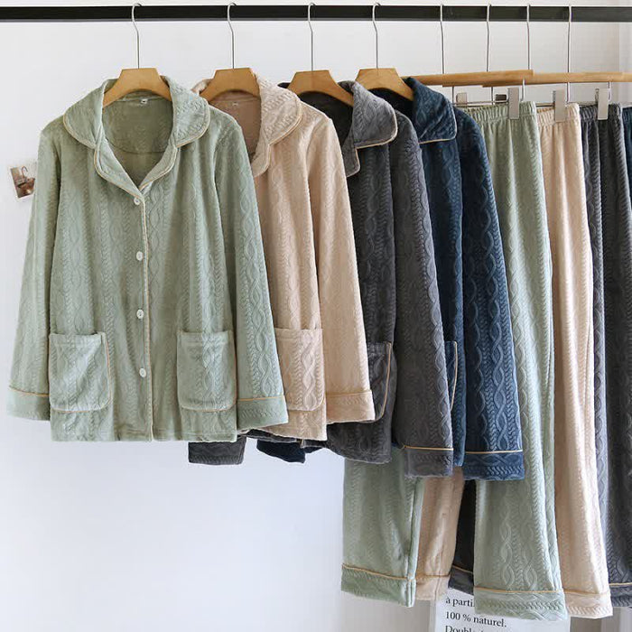 Ownkoti Solid Color Lapel Flannel Pajama Set