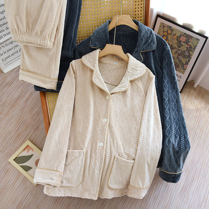 Ownkoti Solid Color Lapel Flannel Pajama Set