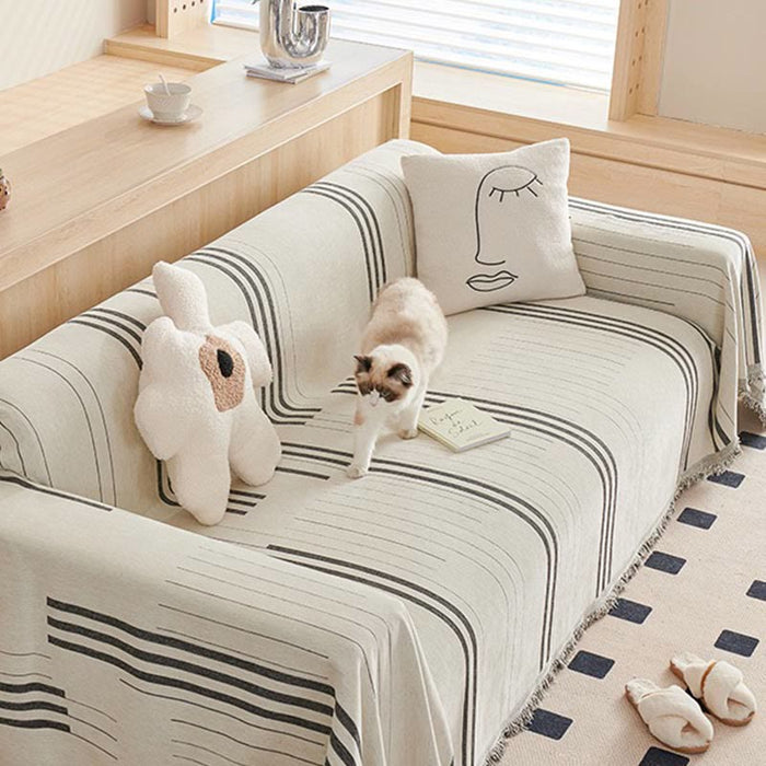 Ownkoti Straight Stripe Chenille Tassel Sofa Protector
