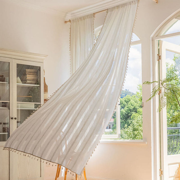 Ownkoti Stripe Semi-Blackout Curtain Hollow-Out Tassel Drapes