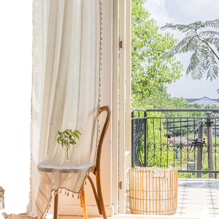 Ownkoti Stripe Semi-Blackout Curtain Hollow-Out Tassel Drapes