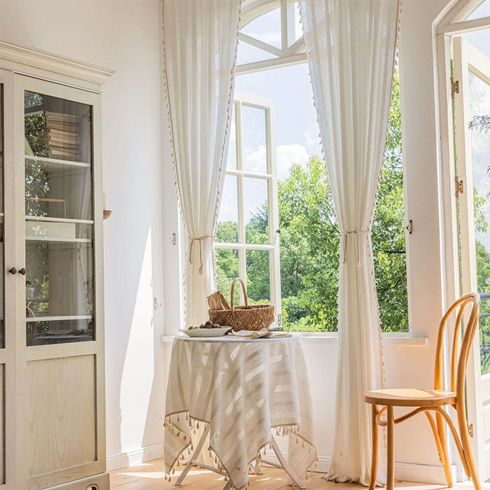 Ownkoti Stripe Semi-Blackout Curtain Hollow-Out Tassel Drapes